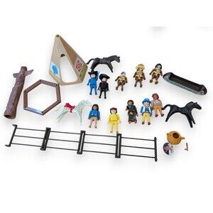 Vintage Playmobil Indian Set Native American Teepee Totem Pole Canoe Horses